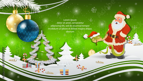 Christmas and New Year illustration Christmas tree balls on a fir tree A snake wraps around Santa Claus