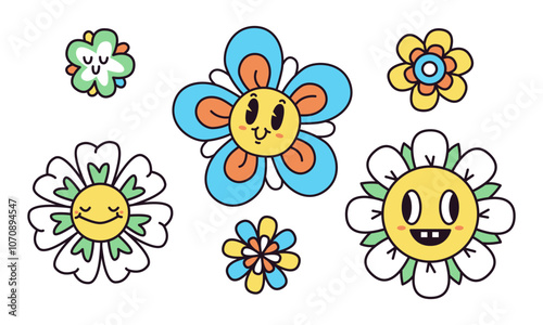 Daisy flowers icons. Cartoon funny psychedelic 70s hippie daisy flowers, 60s potted flowers symbol flat vector illustration set. Retro hippie chamomile flowers badge