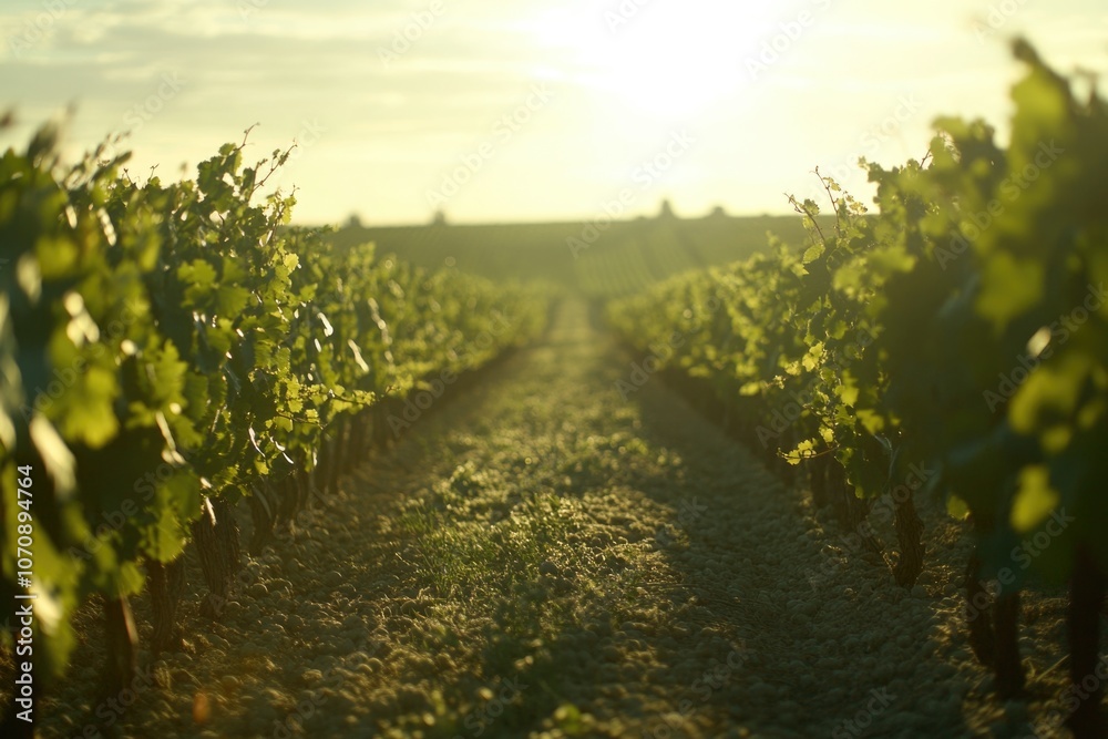 Naklejka premium A warm and inviting scene of sunlight shining through the leaves of a vineyard, perfect for use in travel, food, or wine-themed projects
