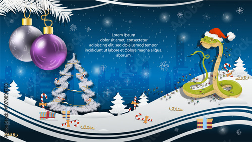 Christmas and New Year illustration Christmas tree balls on a fir tree a snake in a Santa Claus hat wrapped in a garland