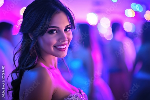 A woman with a bright smile posing at a party under neon lighting with a blurred background