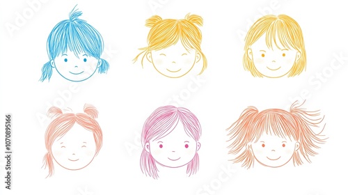 Cute Hand Drawn Girl Faces Cartoon Children Illustration Simple Line Art