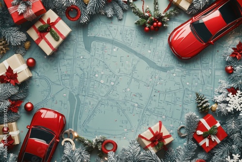 Festive holiday celebration with red cars and christmas gifts on map background