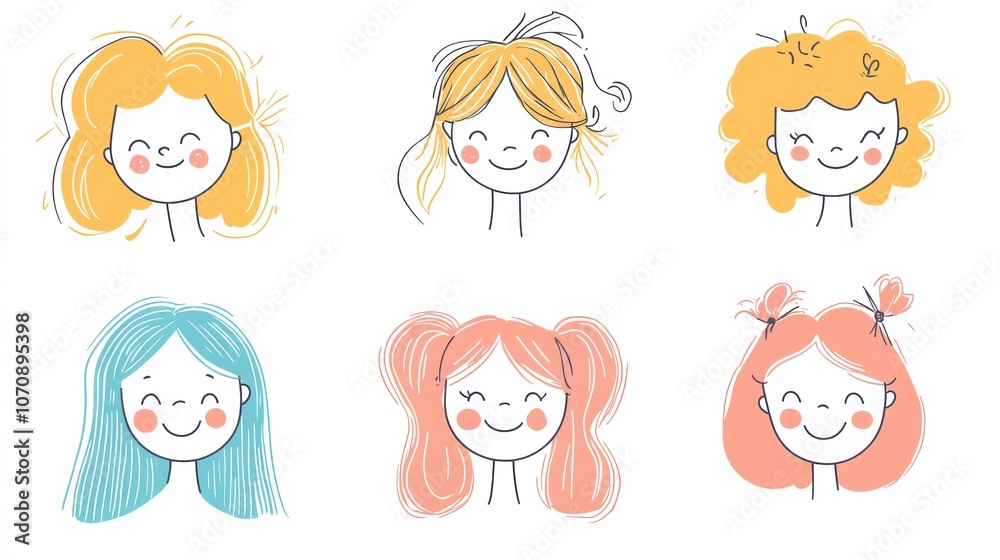 Cute Girl Cartoon Faces with Different Hairstyles Illustration for Kids Cute Girl Cartoon Faces with Different Hairstyles Illustration for Kids