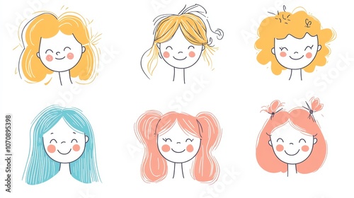 Cute Girl Cartoon Faces with Different Hairstyles Illustration for Kids