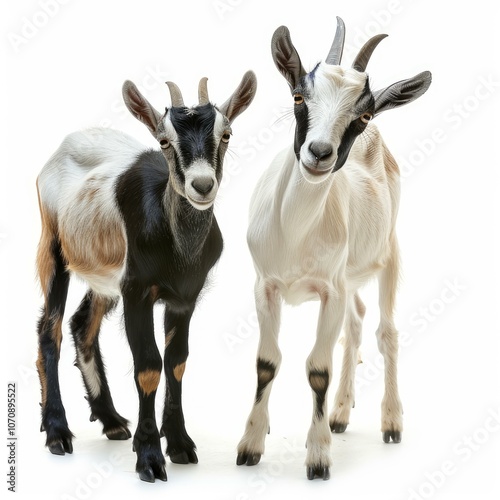 Two goats standing on a white background looking forward