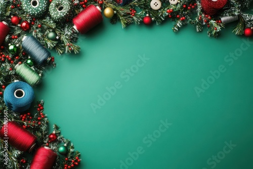 Festive christmas crafting background with colorful threads and decorations for creative projects