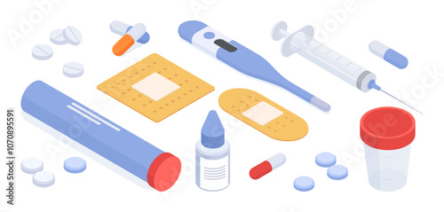 Health care supplies. Isometric pharmacy medicine, emergency tools, syringe, thermometer, patch, medical pills and drugs 3d vector illustration set. Pharmacy supplies collection