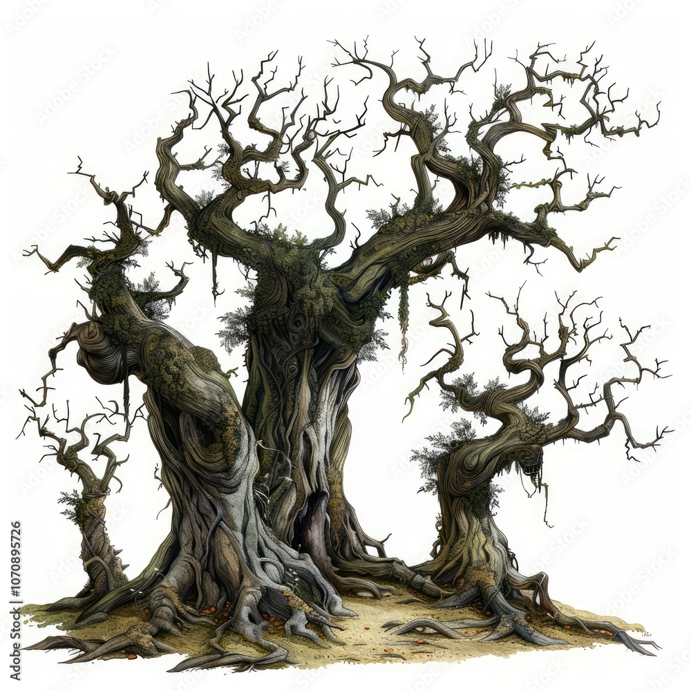 Illustration of a group of three old gnarled trees with exposed roots growing on white background Illustration of a group of three old gnarled trees with exposed roots growing on white background