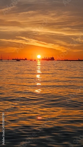 Stunning sunset. Ships on the horizon in the rays of the setting sun