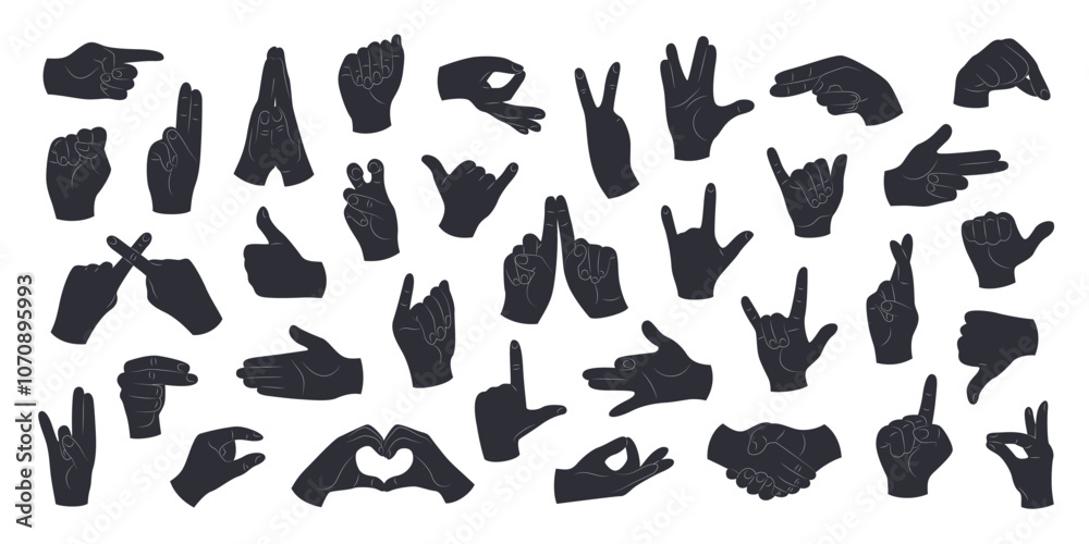 Silhouettes of human hands with different gestures and positions. Hands showing rock sign, call me, luck, greeting, dislike, fist, love. Isolated black vector illustrations on a white background. Silhouettes of human hands with different gestures and positions. Hands showing rock sign, call me, luck, greeting, dislike, fist, love. Isolated black vector illustrations on a white background.