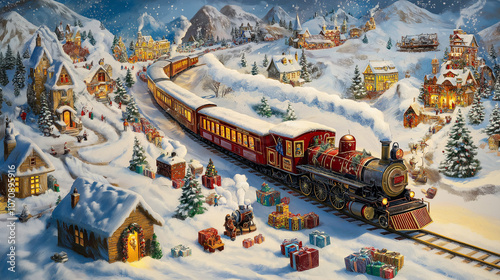 Christmas Train Winding Through a Snowy Landscape