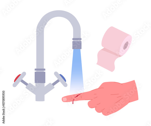 Injured scratched finger. First aid for skin scratch, injured human hand under cold water flat vector illustration. Cartoon medical treatment for arm injury