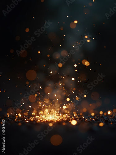 parkling metallic particles dance amidst a dark backdrop with blurred foreground and background elements creating a dreamy ethereal atmosphere photo