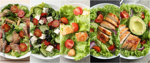 Many different salads on tables, top view. Set