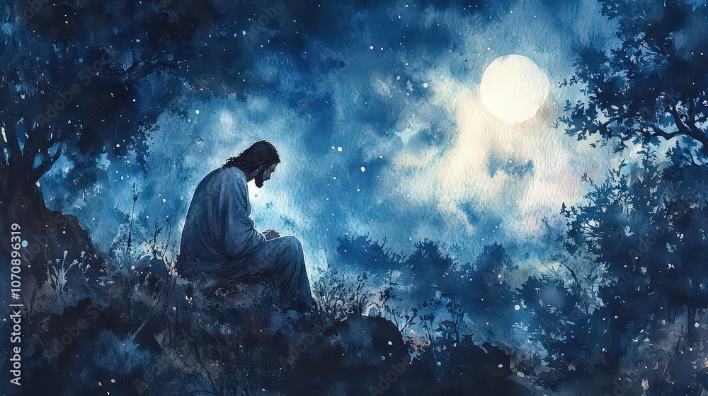 Obraz premium Watercolor of Jesus praying in the Garden of Gethsemane under a moonlit sky, with deep blues and purples; softly lit scene captures a moment of solitude and devotion, ideal for reflection.