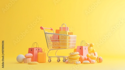 Shopping Cart with Colorful Bags Sweets Yellow Background