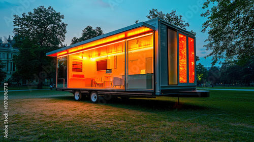 A mobile art gallery with flexible spaces for exhibitions, designed to travel to different locations, offering dynamic art experiences