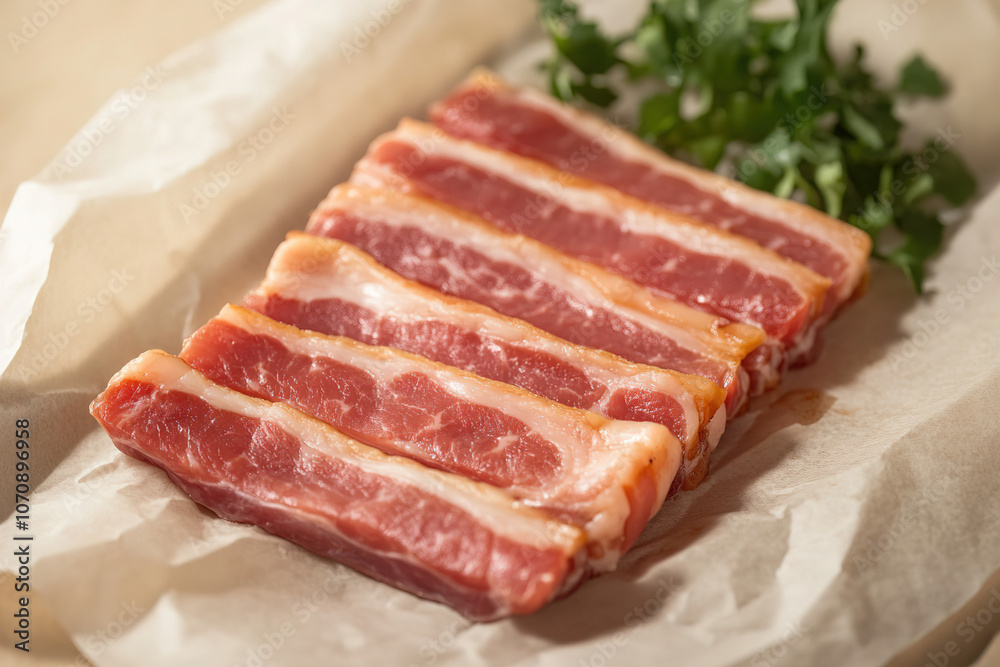 Freshly sliced pork belly with herbs on parchment paper ready for cooking or grilling in a kitchen setting. Generative AI Freshly sliced pork belly with herbs on parchment paper ready for cooking or grilling in a kitchen setting. Generative AI
