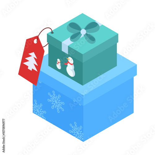 Isometric gift boxes. Christmas presents in wrapped boxes, big gift boxes 3d vector illustration. Christmas holiday elements