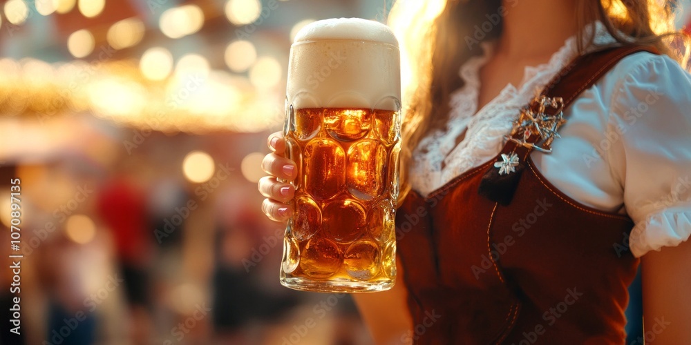 A woman in traditional attire holds a large beer mug. The image captures the essence of festive celebrations. Bright bokeh lights create a cheerful atmosphere. Enjoy this vibrant style. AI A woman in traditional attire holds a large beer mug. The image captures the essence of festive celebrations. Bright bokeh lights create a cheerful atmosphere. Enjoy this vibrant style. AI