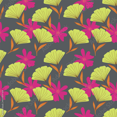 Colorful garden flowers on green background. Seamless vector pattern. Vintage print with inflorescences. Retro textile collection