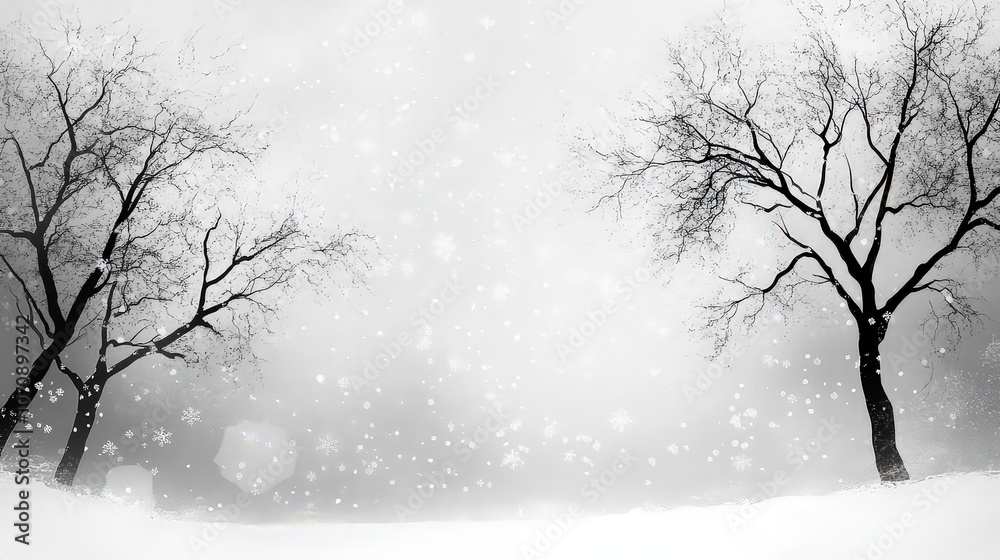 Large, fluffy snowflakes falling against a gray sky, blanketing the ground in soft white; bare trees line the horizon, creating a peaceful, winter landscape. Large, fluffy snowflakes falling against a gray sky, blanketing the ground in soft white; bare trees line the horizon, creating a peaceful, winter landscape.