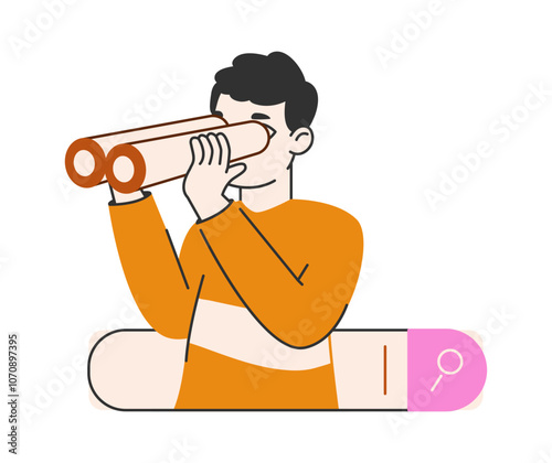 Man use search bar. Guy browsing online, web searching, internet browsing and web pages surfing flat vector illustration. Search bars user