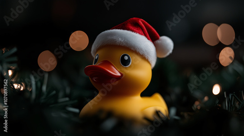 A yellow rubber duck wearing red Santa hat, with a blurred background of holiday decorations like Christmas tree and fairy lights