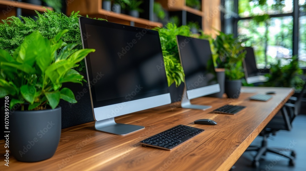A modern office desk with two computers and a keyboard and mouse, set against a backdrop of lush green plants. A modern office desk with two computers and a keyboard and mouse, set against a backdrop of lush green plants.