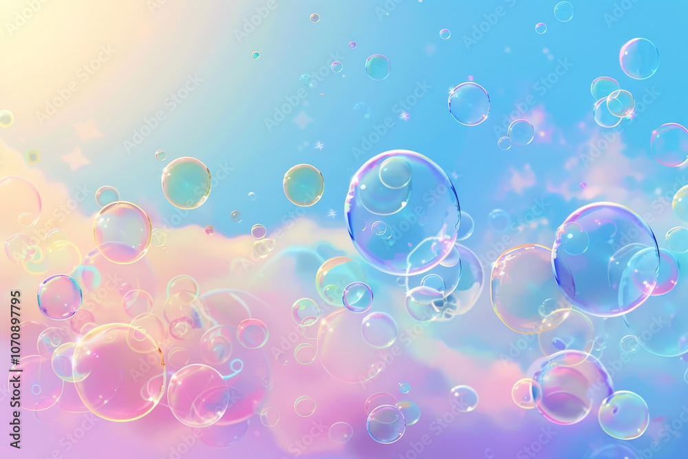 A colorful background of bubbles with a blue sky in the background