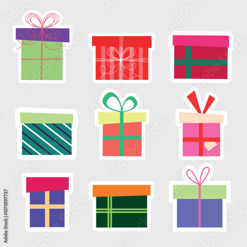 Set of gift boxes. Different colours gift boxes. Cute gift stickers. Red, green, purple, orange, pink gift boxes illustrations.