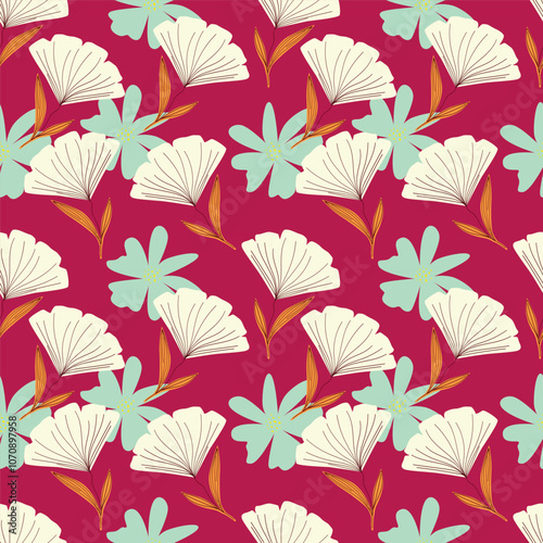 Colorful garden flowers on green background. Seamless vector pattern. Vintage print with inflorescences. Retro textile collection.