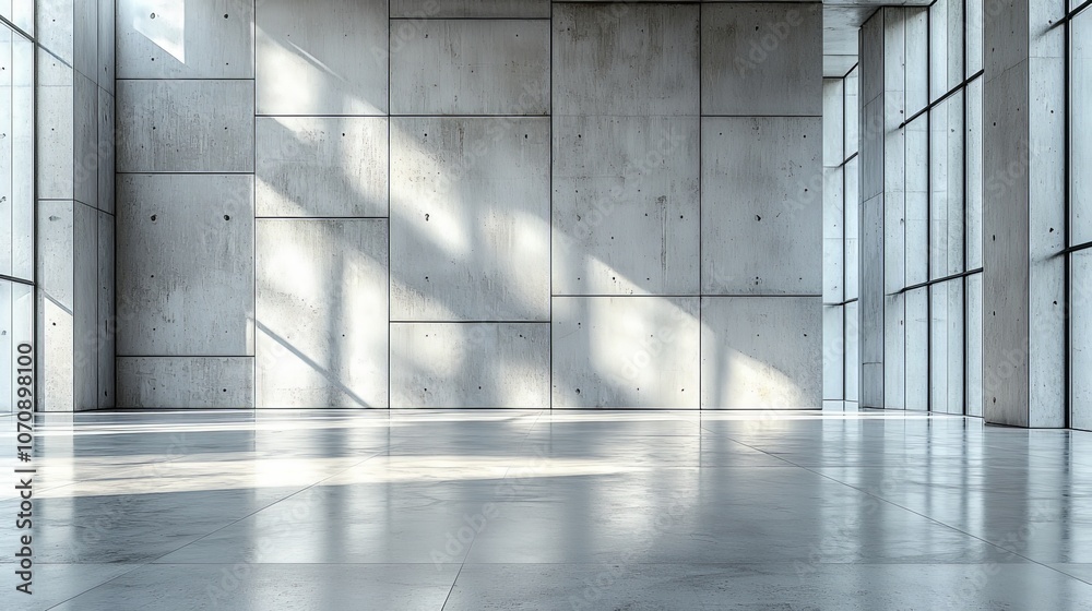 A spacious interior with concrete walls and large windows, showcasing modern architectural design. A spacious interior with concrete walls and large windows, showcasing modern architectural design.