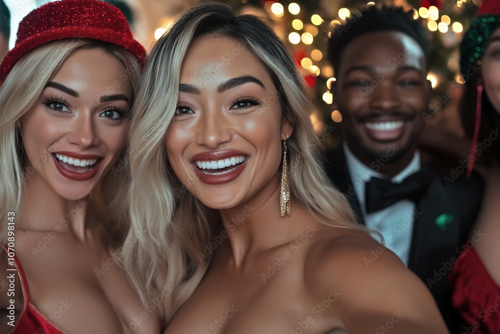 Young people, dressed up and smiling, celebrating New Year in front of a decorated tree, creating an atmosphere of fun and joy Young people, dressed up and smiling, celebrating New Year in front of a decorated tree, creating an atmosphere of fun and joy