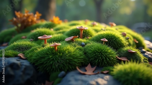 Organic Moss-Covered Stone Pattern with Fallen Leaves and Mushrooms in Green, Gray, and Brown for a Lush, Timeless Texture