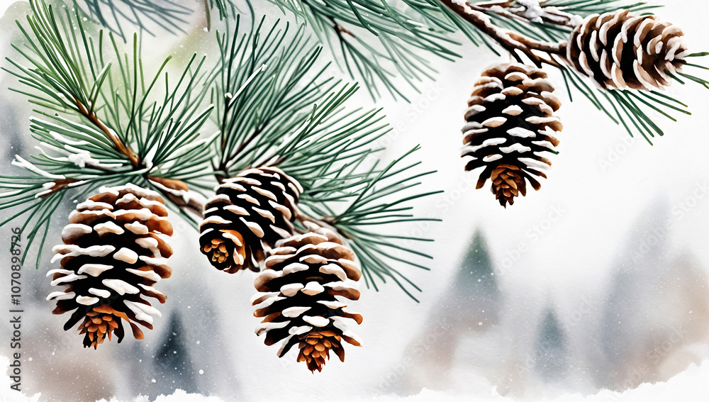 Snowy Pine Branch Watercolor. A winter-inspired illustration of a pine branch with pinecones dusted in snow. Painted in soft pastels, ideal for cozy and festive holiday themes.