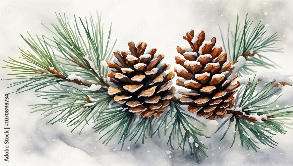 Fototapeta premium Snowy Pine Branch Watercolor. A winter-inspired illustration of a pine branch with pinecones dusted in snow. Painted in soft pastels, ideal for cozy and festive holiday themes.