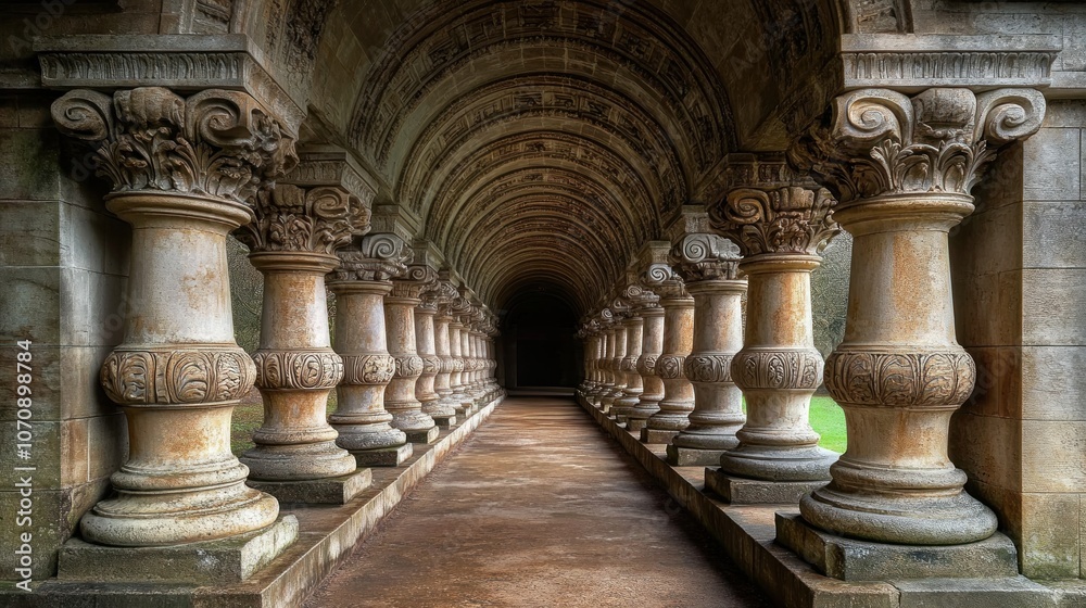 A long, stone corridor lined with columns and arches, leading into darkness. A long, stone corridor lined with columns and arches, leading into darkness.