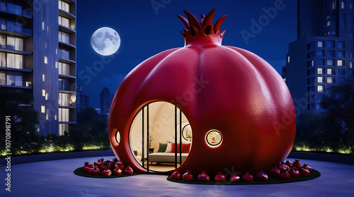 Moonlit Pomegranate House Between City Buildings – Photorealistic Fantasy Design