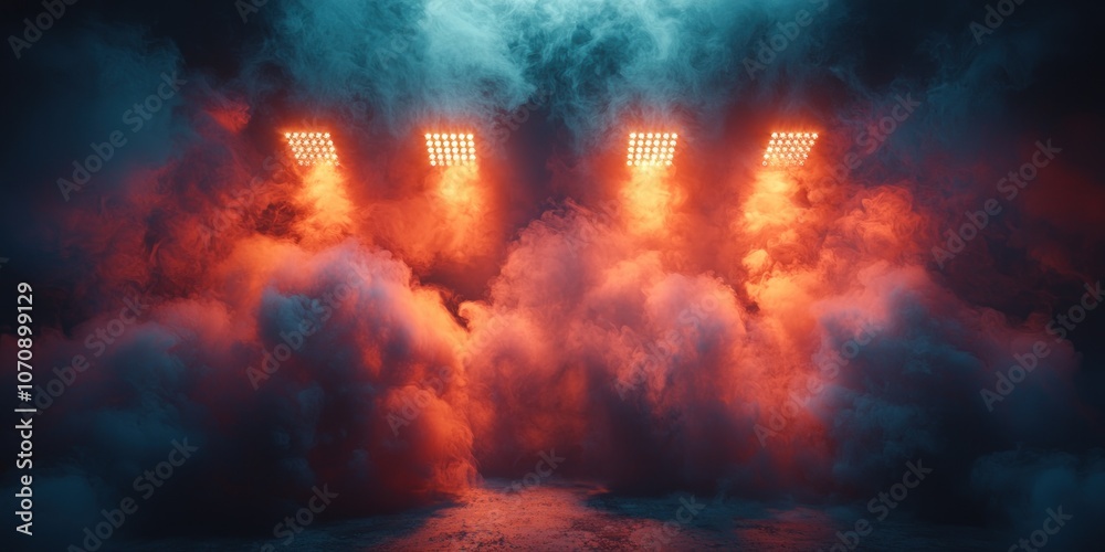 Fototapeta premium Three stadium lights illuminate a smoky stage with blue and red hues.