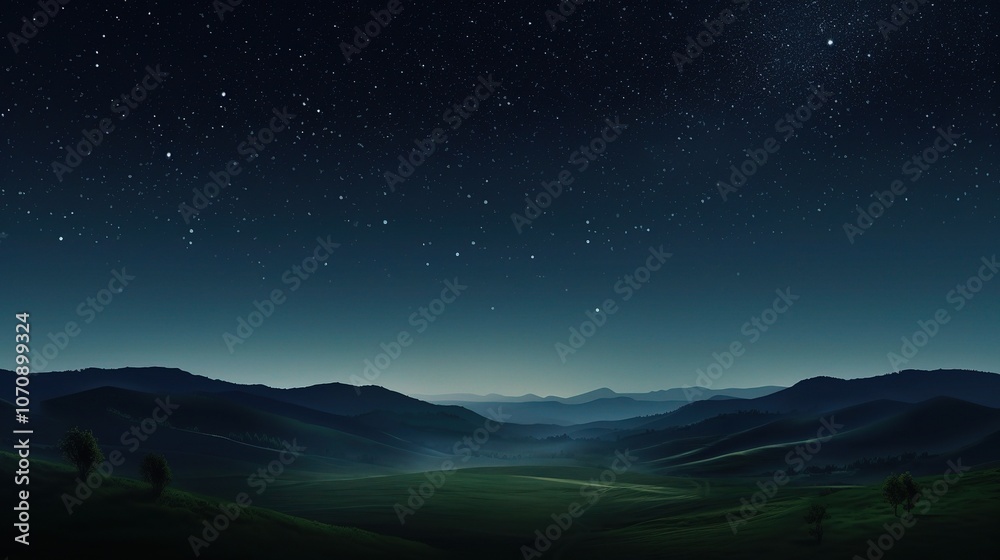 Serene Night Sky Over Rolling Hills Landscape Serene Night Sky Over Rolling Hills Landscape