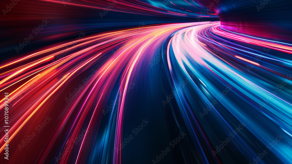 Obraz premium Colorful light trails streak across the dark background, capturing the motion of vehicles on a bustling highway at night, creating a sense of speed and energy