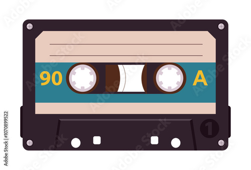 Stereo tape cassette. Cartoon 80s tape record, 90s music audio cassette, analogue player old tape flat vector illustration. Vintage audiocassette