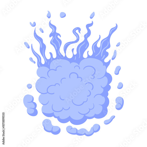 Steam cloud. Comic book puff cloud, blue smoke cloud, pastel colour dust flat vector illustration. Cartoon dust cloud on white