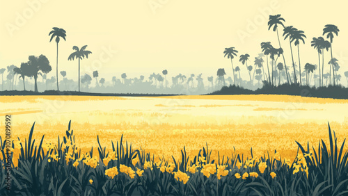cute and lovely flat illustration of a scenic landscape of mustard fields blooming under a winter sky in rural Bangladesh, with mist softening the horizon and distant palm trees