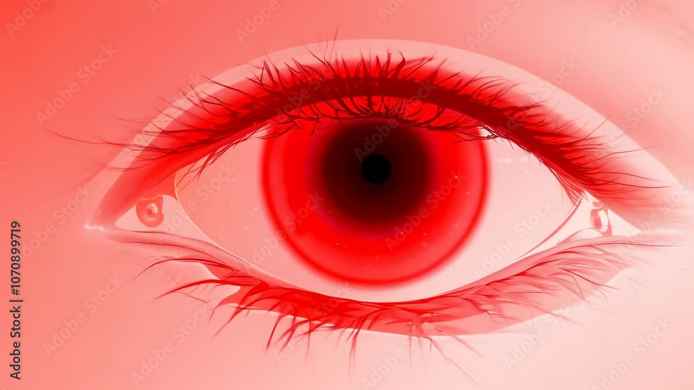 eye with an intense red filter, creating a dramatic and surreal effect