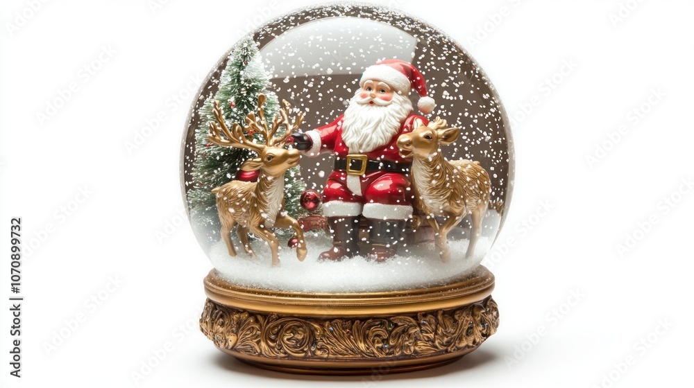 Christmas snow globe with Santa, reindeer, and a small pine tree Christmas snow globe with Santa, reindeer, and a small pine tree