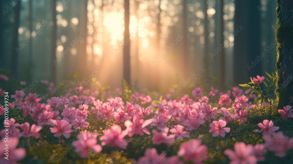 Obraz premium Pink Flowers Blooming in a Sunlit Forest