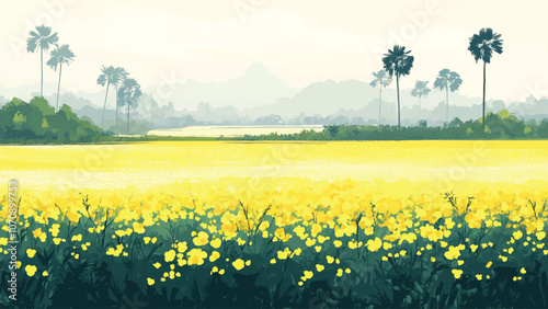 cute and lovely flat illustration of a scenic landscape of mustard fields blooming under a winter sky in rural Bangladesh, with mist softening the horizon and distant palm trees